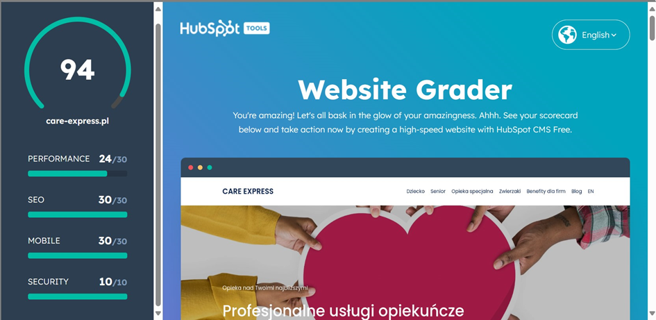 HubSpot Website Grader. Sample result