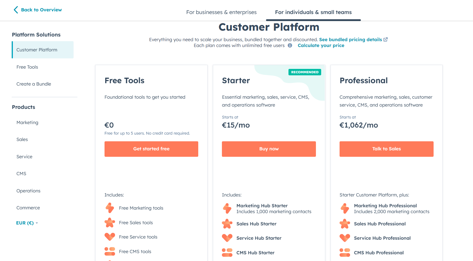 Cennik HubSpot For individuals and small teams