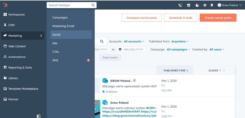 Pulpit mediów społecznościowych w HubSpot