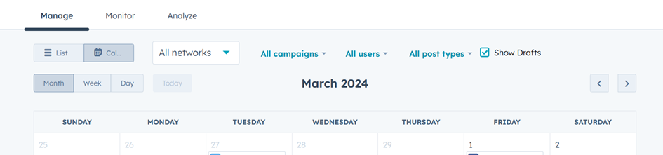 Kalendarz publikacji w social mediach w HubSpot