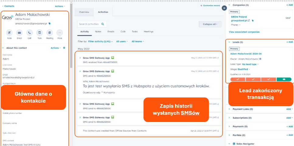 Widok rekordu kontaktu w HubSpot